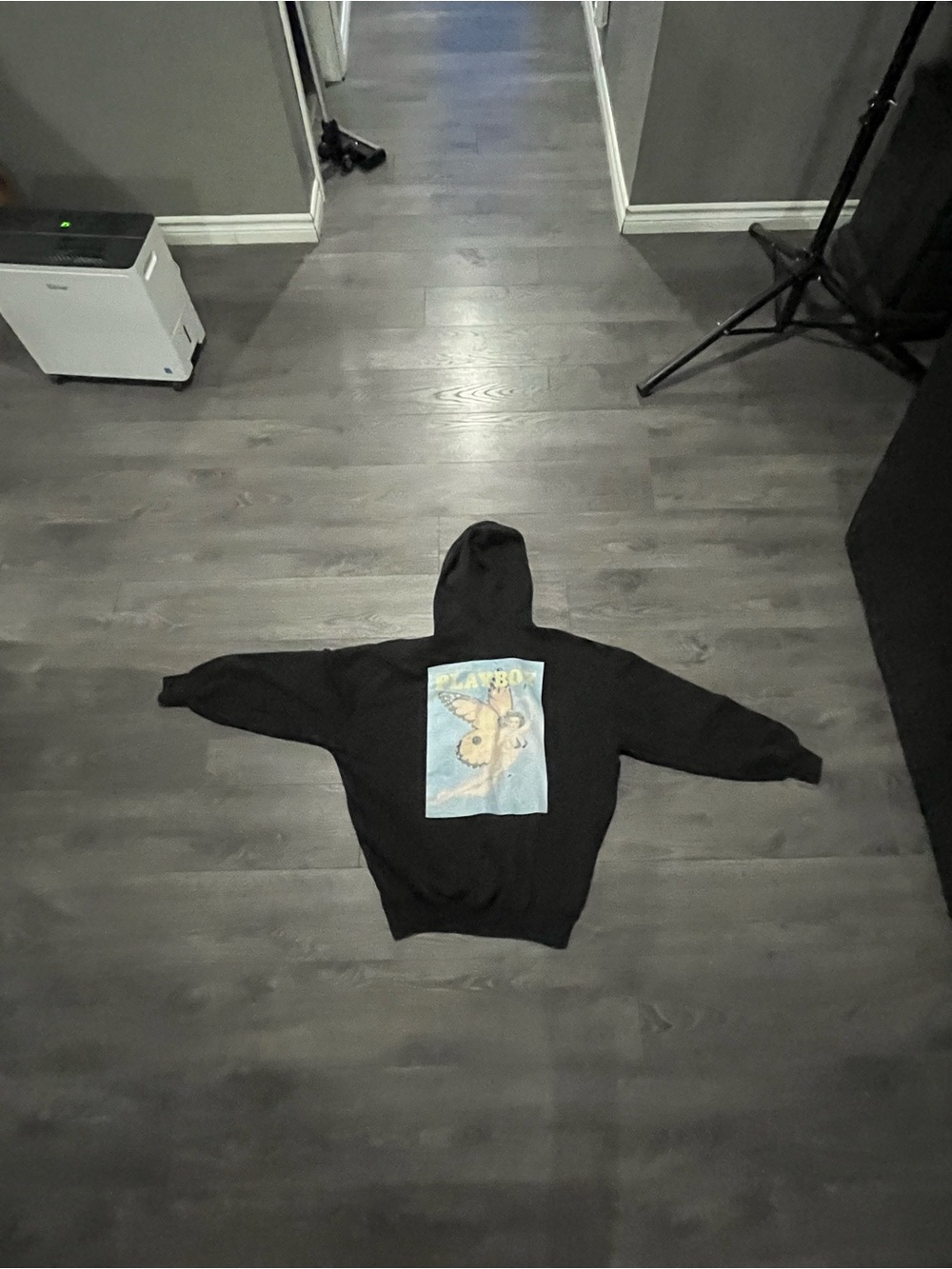 PLAYBOY Black Hoodie Poster with Colorful Butterfly Graphic